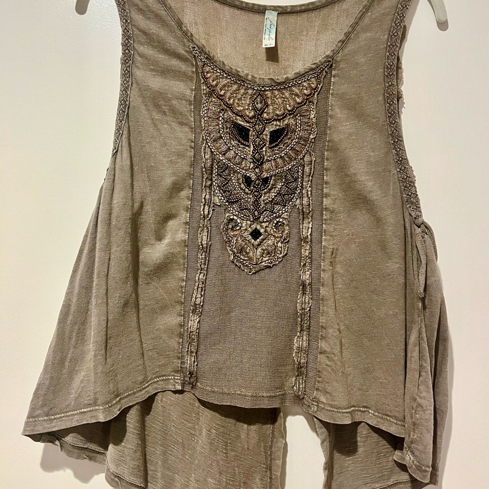 Free People Gray/Brown Embroidered Boho Top